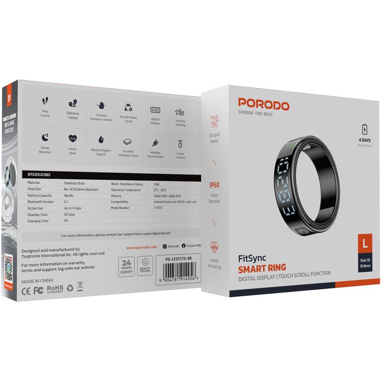 Porodo FitSync Smart Ring with Digital Display with Touch Scroll Function in Large Size 10, Up to 4 Days Active Use Time, 96KB Ram & 128KB ROM, Camera Gesture Control, Activity Tracking & 128 Sport Modes - Black