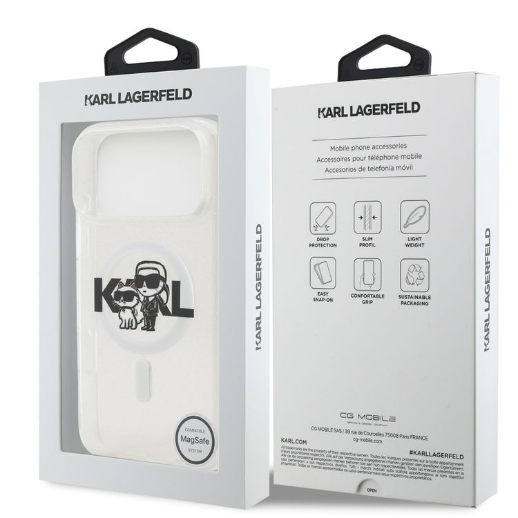 غطاء Karl Lagerfeld MagSafe IML Glitter مع رؤوس Karl & Choupette لهاتف iPhone 17 Pro Max، حماية من الصدمات، تصميم نحيف وخفيف الوزن، تثبيت سهل، قبضة مريحة، تغليف مستدام - شفاف