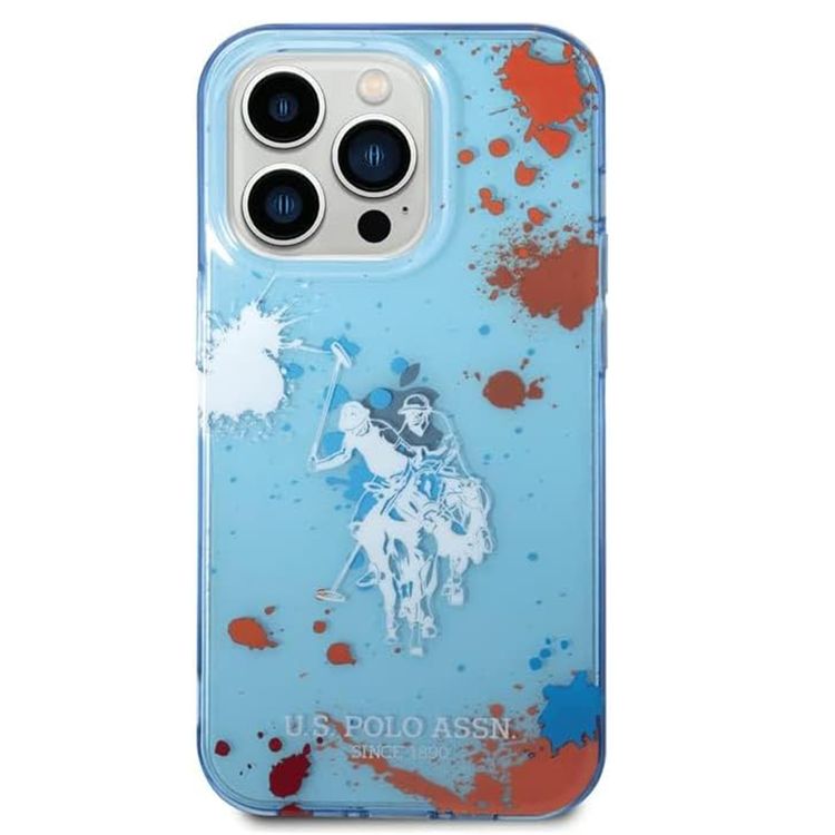 USPA PC/TPU Case with Splatter Pattern & Horse Logo iPhone 14 Pro Max Compatibility - Blue