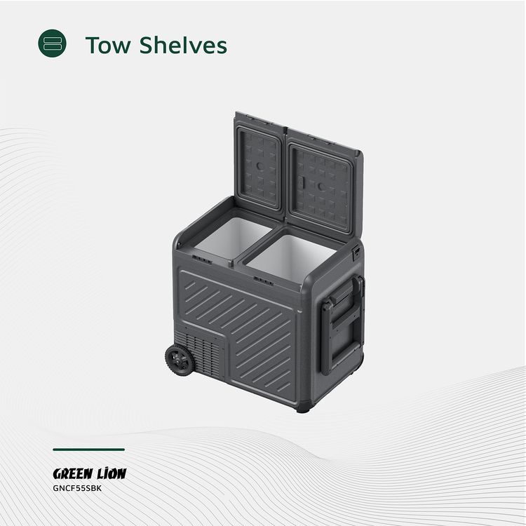 Green Lion GFC-55 Car Fridge with 55L Capacity, Pull Bar & Wheels, Touch Control Display & Interior Lights, Dual Power Supply, Child Safety Lock, Two Shelves, Quiet Operation - Black