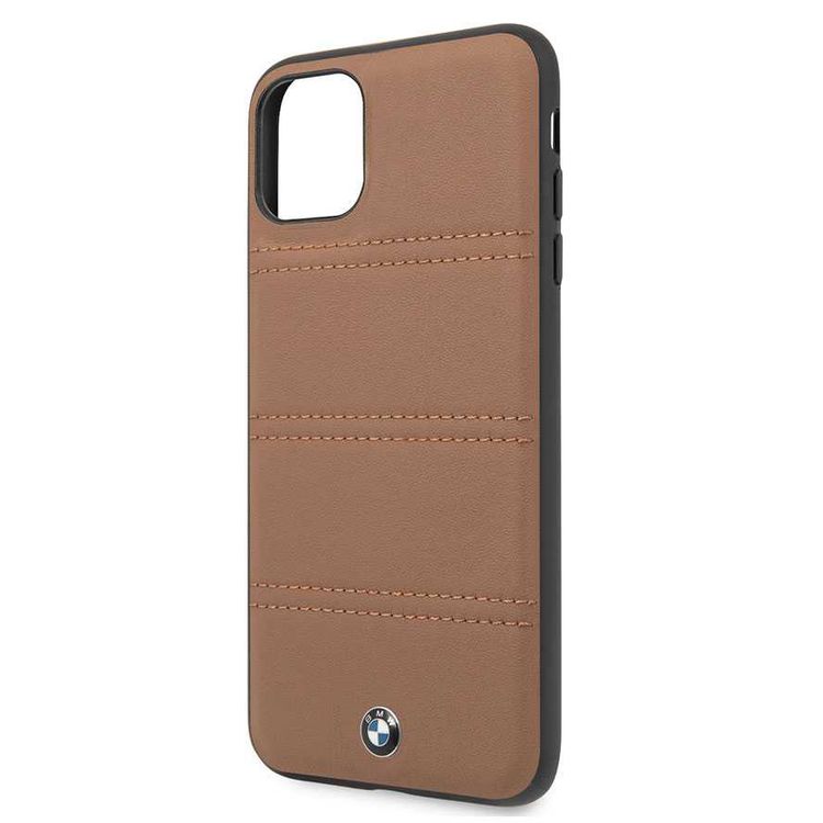 BMW Hard Case Leather Horizontal Lines Compatible w/ iPhone 11 Pro, Complete Protection, Easy Access to All Ports, Raised Edge to Protect Camera - Camel