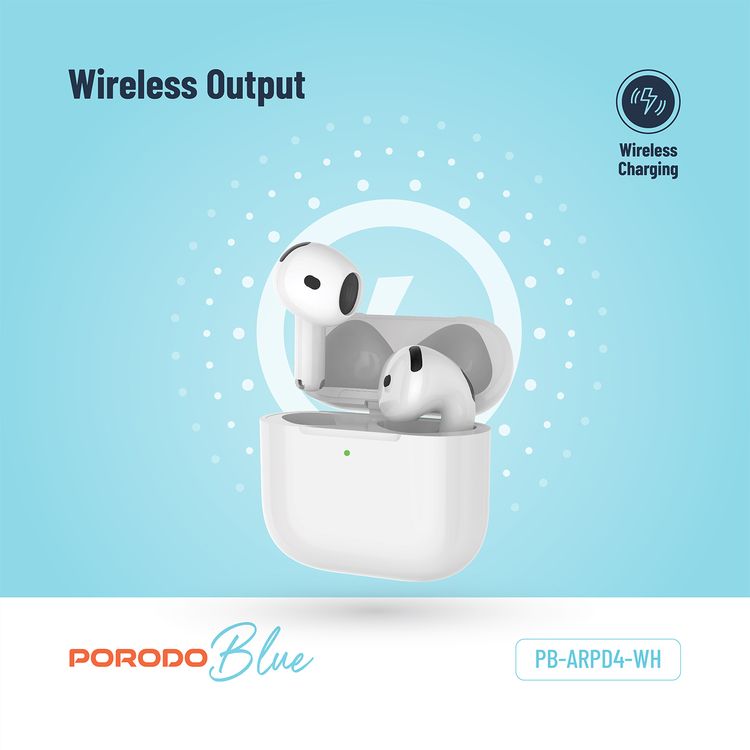 Porodo Blue ENC Earbuds 4 with 20 Hours Working Time, Wireless Charging, Deep Bass, Touch Control - White