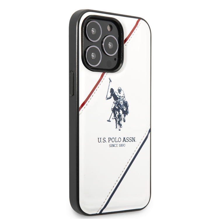 USPA PU Leather Case with Embossed Double Line & Horse Logo iPhone 14 Pro Max Compatibility - Red/White/Navy