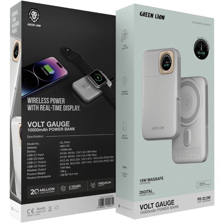 Green Lion Volt Gauge 10000mAh Power Bank with Dual USB-C Ports, ABS & PC Material, 15W Wireless Output, 22.5W Power Delivery, Flight Approved, Built-in Kickstand, Fast Charge Support - White