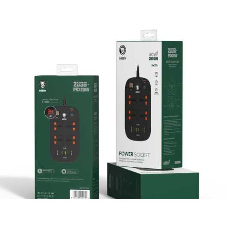 Green Lion Multiport Smart Power Socket, 4 AC Sockets, 2 USB-A & 2 USB-C Ports, 1-24 Hours Timer Function, Over Voltage, Over Current & Over Heat Protection, Power Surge Protection - Black