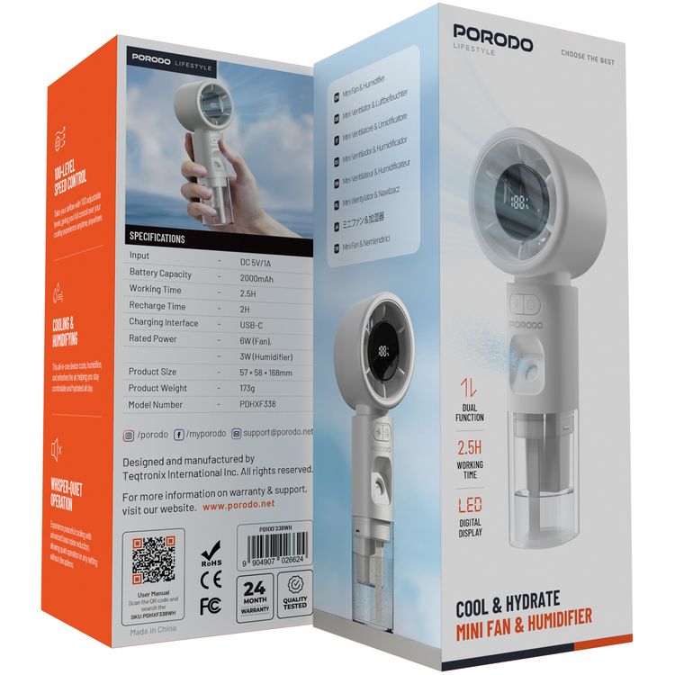 Porodo Cool & Hydrate Mini Fan & Humidifier with 100 Speed Levels, Up to 5 Hours Working Time, Whisper-Quiet Operation, LED Digital Display, 2000 mAh Battery, USB-C Charging Port - White