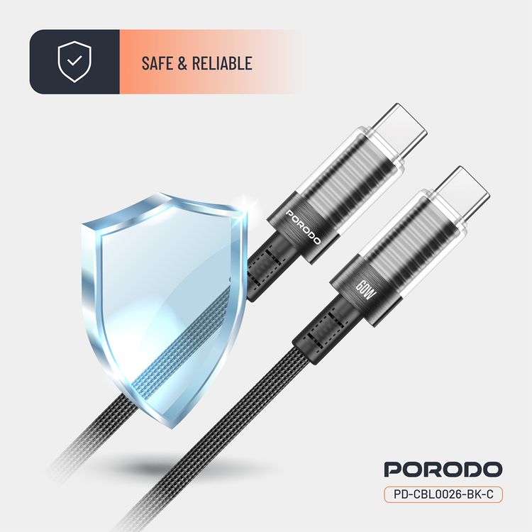 كابل USB-C إلى USB-C شفاف من Porodo، بطول 1.2 متر، متوافق عالميًا، PD 60 وات، آمن ومضمون، شاحن سريع للبيانات - أسود