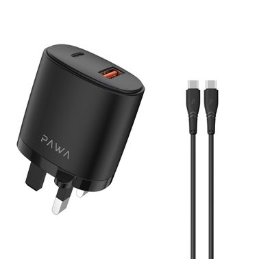 باوا شاحن سفر صلب مزدوج PD & QC مع كابل تايب-سي إلى تايب-سي - أسود