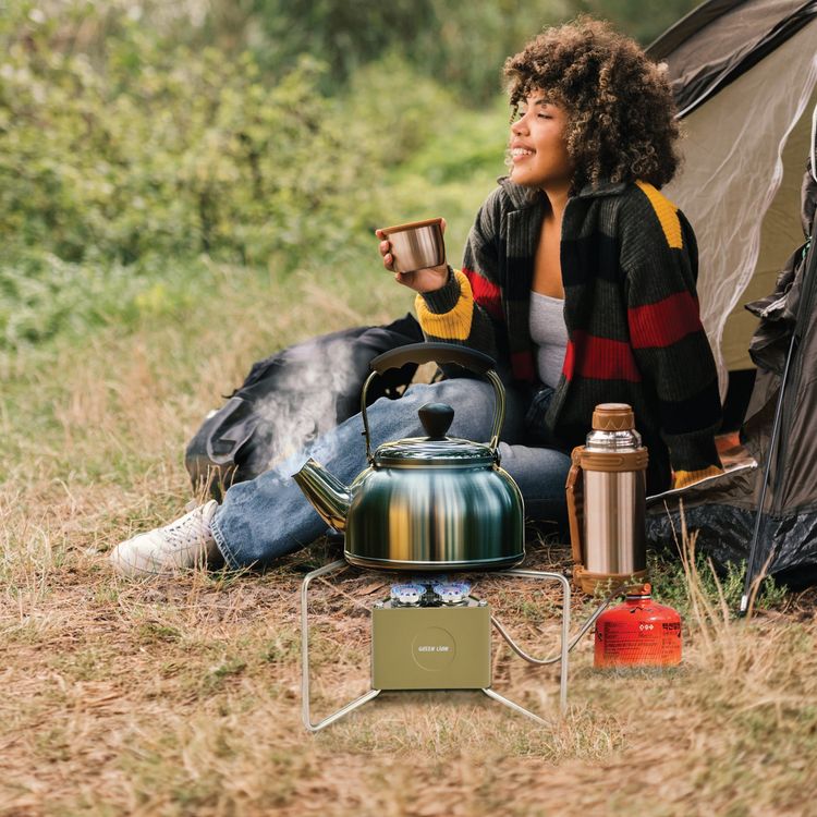 موقد التخييم القابل للطي بثلاث شعلات من غرين ليون، مصنوع من الألومنيوم + الفولاذ المقاوم للصدأ، استهلاك الغاز 90 جم/ساعة، 3 شعلات، قابل للطي والتعديل، التحكم في اللهب - كاكي