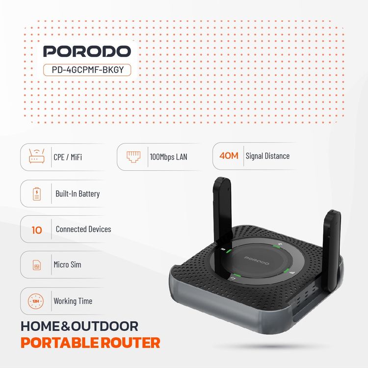Porodo 4G & LTE Portable Router with 40m Signal Distance, 12 Hours Working Time, 10 Connected Devices, 100Mbps LAN, 4000mAh Battery Capacity, Micro SIM, CPE & MiFi, CAT4 Category, 150Mbps Download Rates, 50Mbps Upload Rates - Black / Gray
