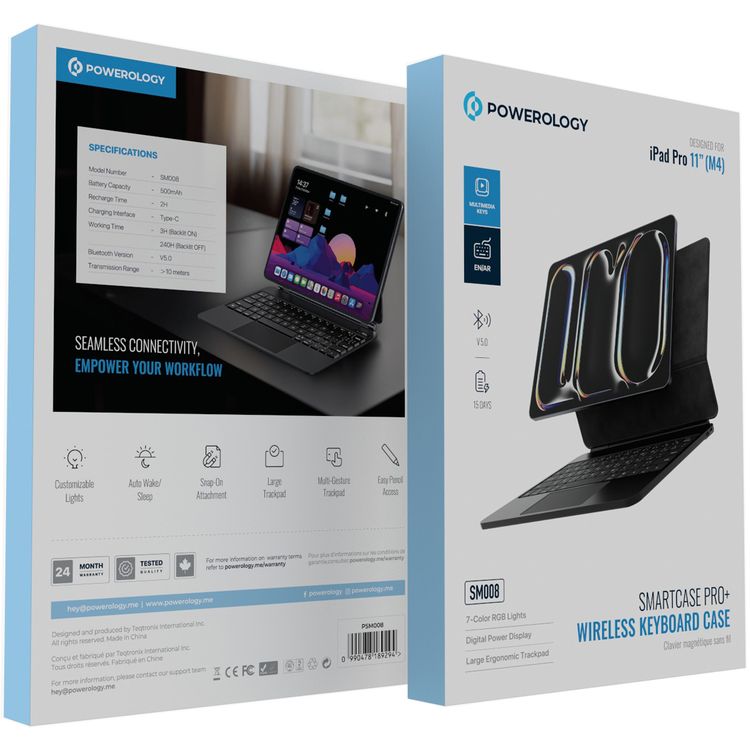 لوحة مفاتيح لاسلكية من باورولوجي لجهاز آيباد برو 11 بوصة (M4)، سعة بطارية 500 مللي أمبير/ساعة، وقت شحن ساعتان، منفذ شحن من النوع C، بلوتوث الإصدار 5.0، نطاق نقل يصل إلى 10 أمتار، أضواء RGB بـ 7 ألوان، سهولة الوصول إلى القلم - أسود