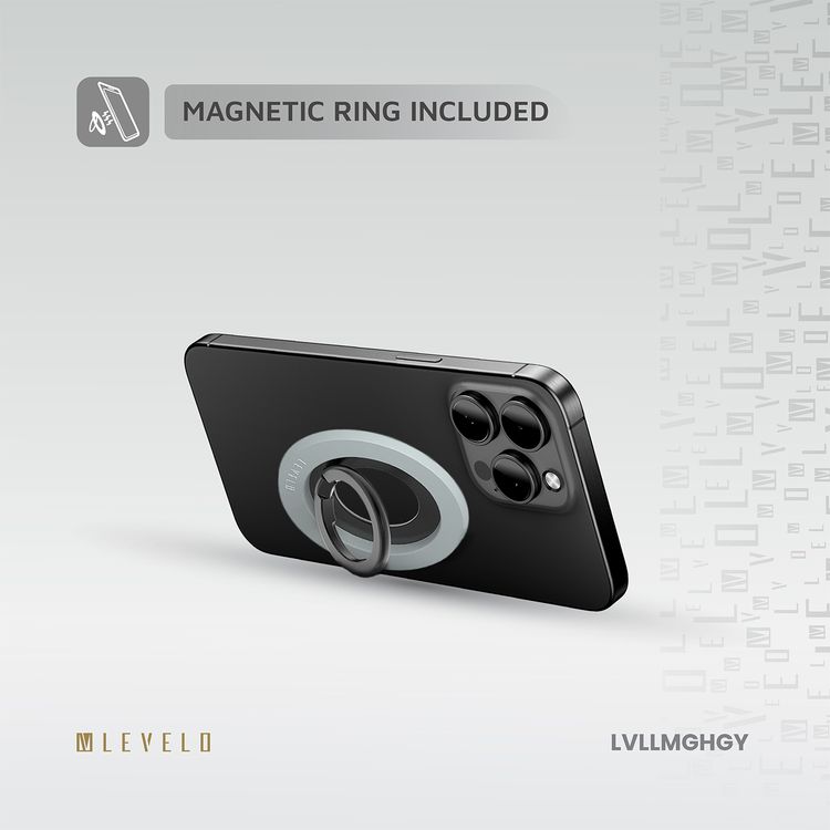 Levelo Lucero 2-in-1 Phone Ring Holder with N52 Magnets, Non-Slip Surface, 135° Flip Design, Comfortable Grip, 4000GS Magnetic Force - Gray