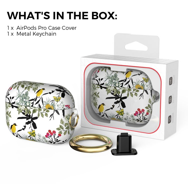 AhaStyle Premium TPU Rugged Hard Shell Design Case with Anti-Lost Ring Compatible for AirPods Pro, Scratch Resistant, Shock Absorption, Drop Protection, & Dustproof Protective Hard Shell Cover Suitable with Wireless Charging - Ink Flowers & Birds - AirPods Pro
