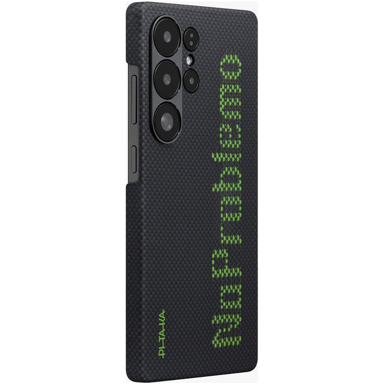 Pitaka Aries Tactile Woven Case for Samsung Galaxy S25 Ultra, Glow In The Dark, Aramid fiber & Lumintex™ Technology, Featherweight & Slim -Black/Gray with Text No Problemo