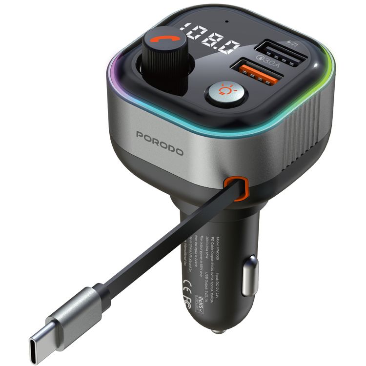 Porodo Audio Boost Bluetooth FM Transmitter Quick-Charge Car Charger with 65W PD, USB-A & USB-C Outputs, USB Flash, 80cm Retractable Type-C Cable, 87.5-107.8 FM Frequency, LED Ambient Lighting, Universal Compatibility - Dark Gray