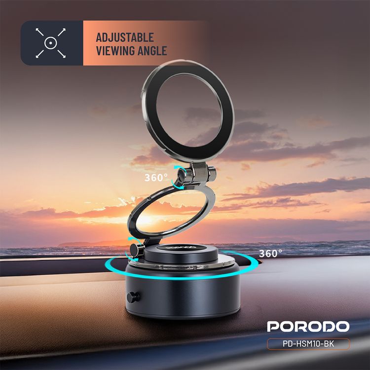 Porodo Vacuseal MagSafe Magnetic Mount with Adjustable Viewing Angle, Horizontal & Vertical Modes, One-Hand Operation, Up to 30 Days Working Time - Black