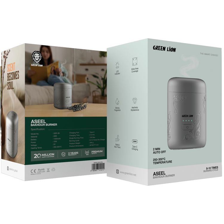 Green Lion Aseel Bakhour Burner with Aesthetic Appearance, 1400mAh Battery, 120 Seconds Single Burning Time, Auto-Off Function, Wide Area Coverage, LED Indicator, Safe & Non-Toxic - Silver