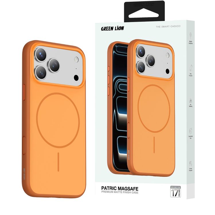 جراب Green Lion Patric MagSafe بلمسة نهائية مات ممتاز لهاتف iPhone 17 Pro Max، حماية من السقوط والكاميرا، قبضة مريحة، مضاد للاصفرار - برتقالي