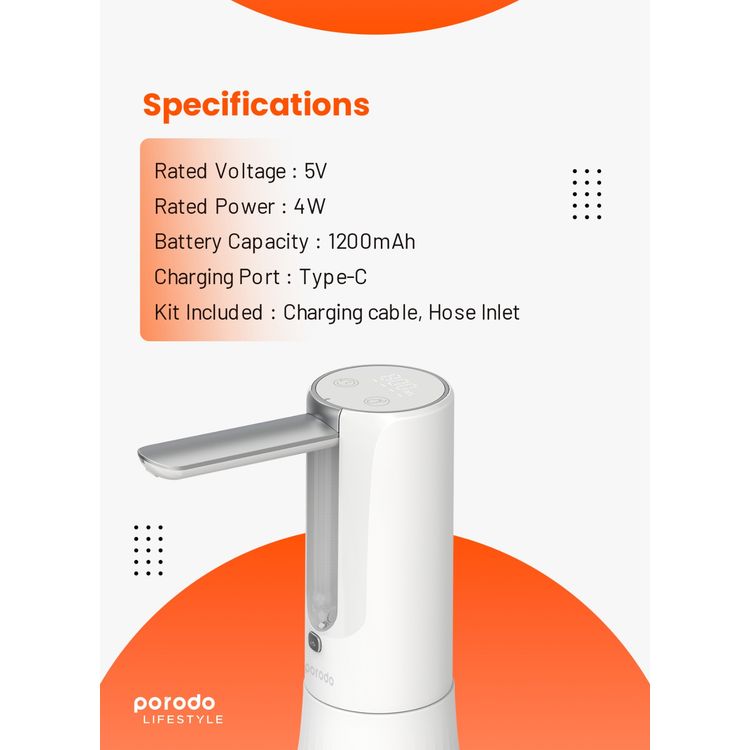 Porodo Lifestyle Desktop Water Dispenser with 1200mAh Battery Capacity, 4W Rated Power, Rechargeable Battery, Digital Display, Compact & Portable - White