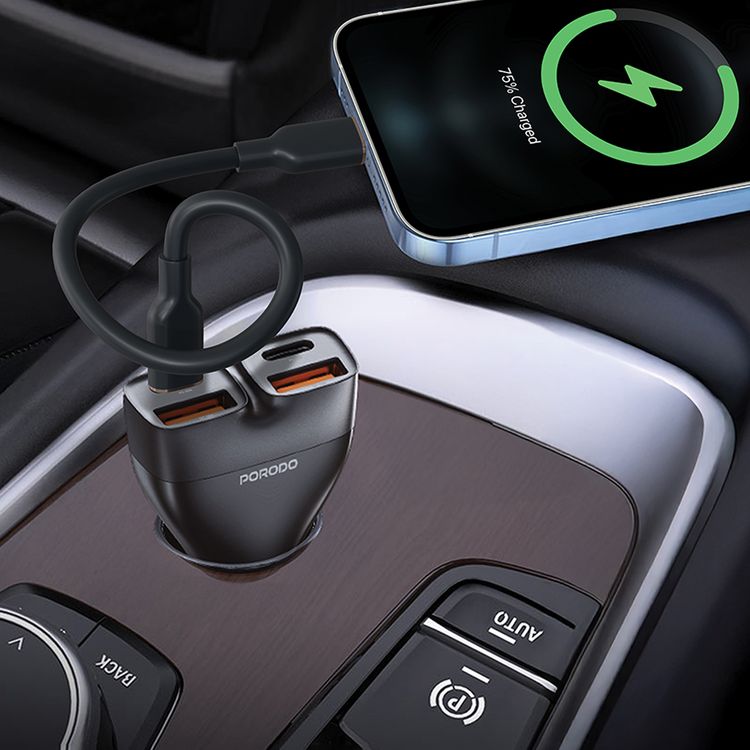 Porodo Dual Power Car Charger with PD 30W, QC 18W, ×2 USB-A & ×2 USB-C Ports, 102W High Power Output, Fast Charging Technology, Smart Charging Protocols, Compact Design - Black 
