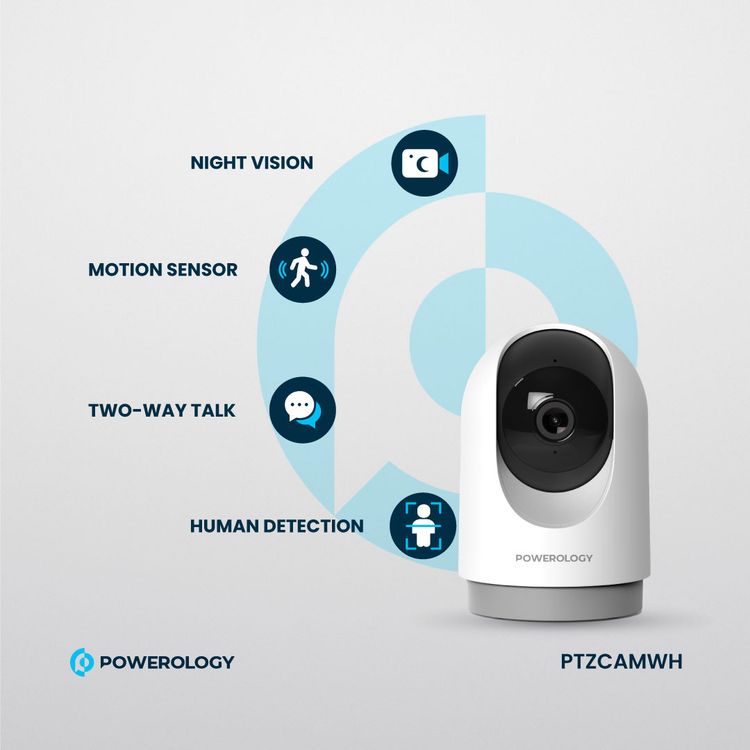 Powerology Indoor PTZ Smart Camera with Human Detection & Motion Sensor, 100° Field of Vision, 3MP Resolution, Pan & Tilt Control, Two-Way Audio - White