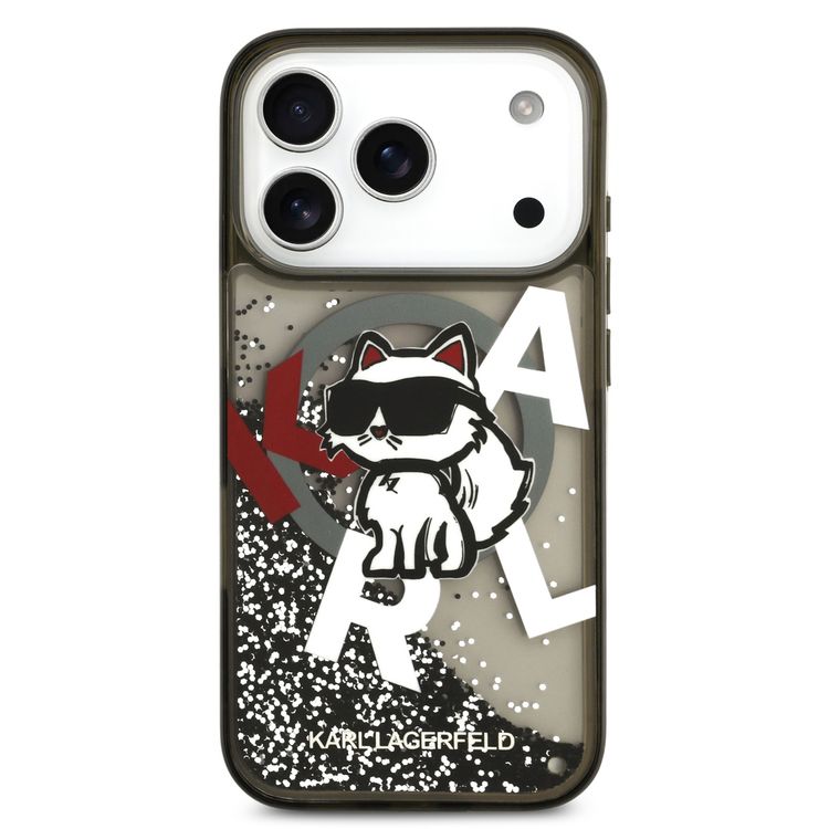 Karl Lagerfeld MagSafe Liquid Glitter Case with Scattered Choupette Logo for iPhone 17 Pro Max, Slim Profile, Drop Protection, Easy Snap-On, Sustainable Packaging, Comfortable Grip, Lightweight Design - Black