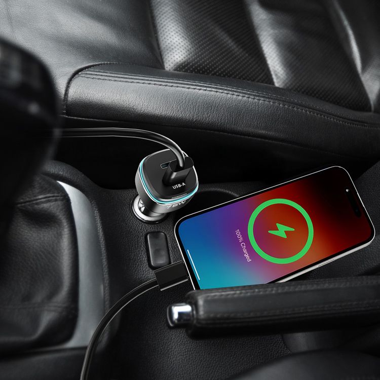 Powerology 75W Dual-Port High-Power Car Charger, USB-C & USB-A Ports, 75W Total Output, 45W Power Delivery, LED Ambient Light, Fast Charge, Zinc Alloy - Black / Blue