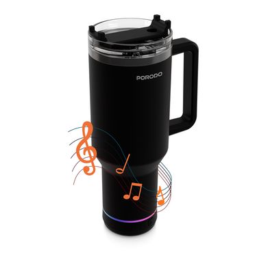 Porodo HydroTunes Tumbler with Detachable Bluetooth Speaker Base, Bluetooth Version 5.3, 300mAh Battery, 1.2L Capacity, USB-C Charging Port, Dual-Function Design, Leakproof Silicone Lid, 3W Speaker Output Power - Black
