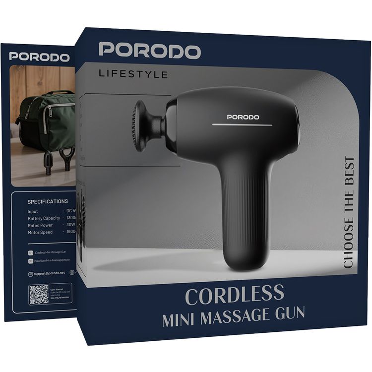 Porodo Lifestyle Cordless Mini Massage Gun with 4 Interchangeable Heads, 5 Speed Levels, Type-C Charging Interface, 3.5 Hours Recharge Time, 3 Hours Working Time, 1300mAh Battery Capacity, Safety Auto Shut-Off - Black