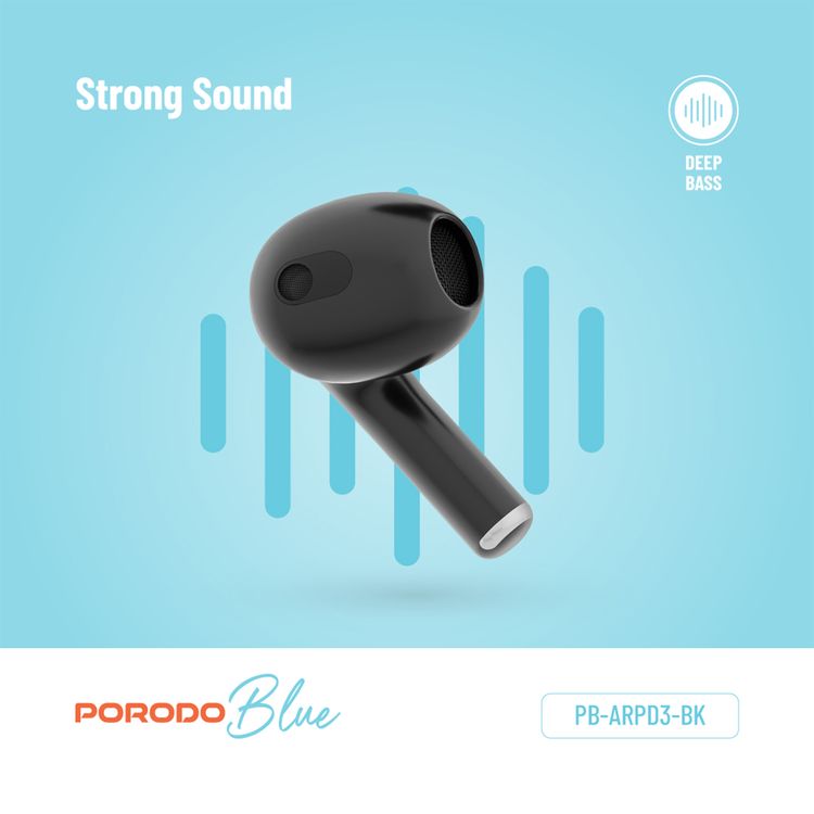 Porodo Blue Deep Bass Wireless Earbuds 3, 20 Hours Working Time, Type-C Charging Port, Environmental Noise Cancellation, Independent Earbuds, Touch Control - Black