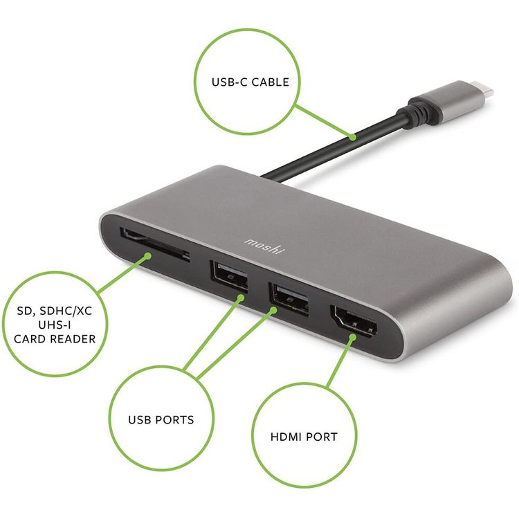 Moshi MSHI-L-084213 USB-C Multimedia Adapter, 3-in-1 hub Data transfer, HDMI output - Titanium Gray