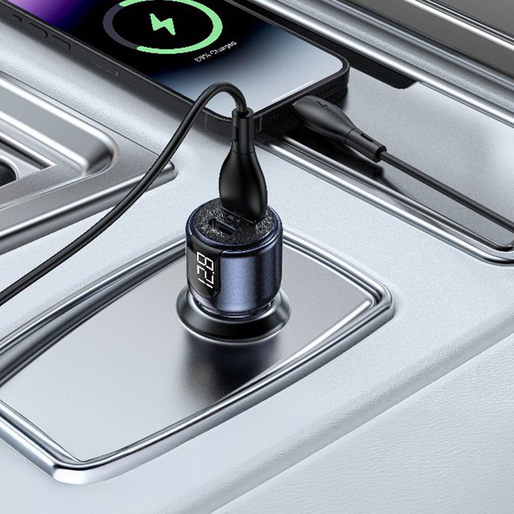 Green Lion Dual Port Car Charger with Digital Display, 75W Total Output, USB-C & USB-A Ports, Charging Protection, Heat Dissipation - Gray