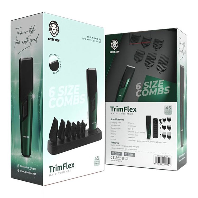Green Lion Trim Flex Hair Trimmer with 6 Size Combs, 600mAh Battery Capacity, 8 Hours Charging Time, 45 Minutes Working Time, Type-C Charging Port, Stainless Steel Material, LED Indicator, Ergonomic & Low Noise Design - Black 