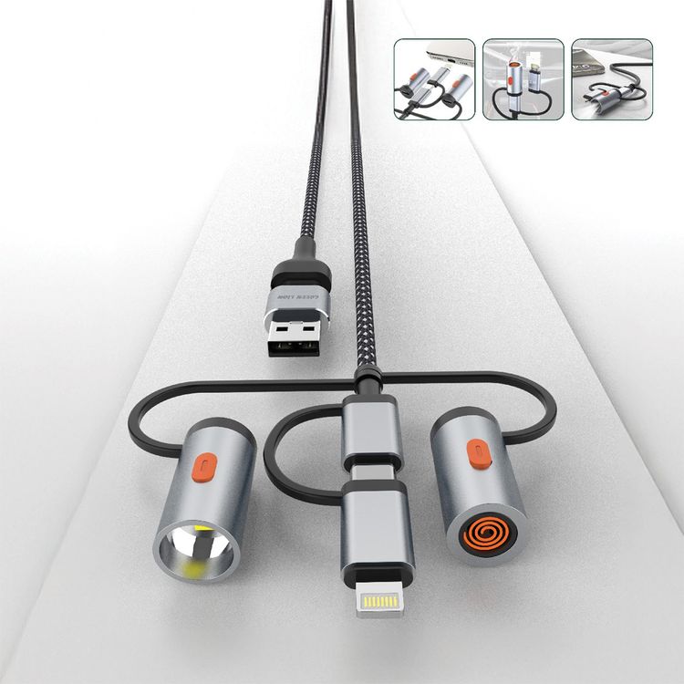 كابل الشحن متعدد الوظائف 6 في 1 من جرين لايون مع ولاعة إشعال ومصباح يدوي بوضعيتين، مصنوع من سبيكة الألومنيوم، سرعة نقل البيانات 480 ميجابت في الثانية، طول الكابل 1 متر، إخراج 60 واط من USB-C إلى USB-C، إخراج 12 واط من USB-A إلى Lightning، إخراج 60 واط من USB-A إلى USB-C، إخراج 27 واط من USB-C إلى Lightning - اللون الأسود.