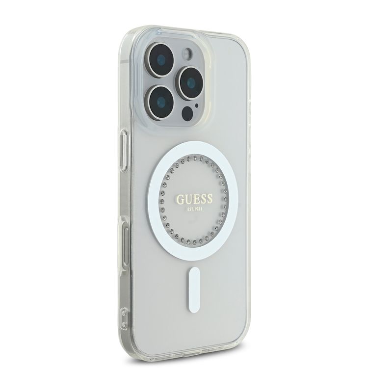 GUESS MagSafe IML Hard Case with Rhinestones Design for iPhone 16 Pro Max, Easy Snap-On, Drop Protection, Slim Profile - White