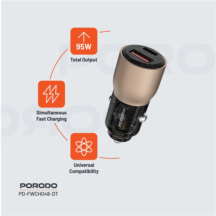 Porodo 95W Car Charger Transparent  with 90cm USB-C Cable, Simultaneous Fast Charging, Universal Compatibility - Desert Titanium
