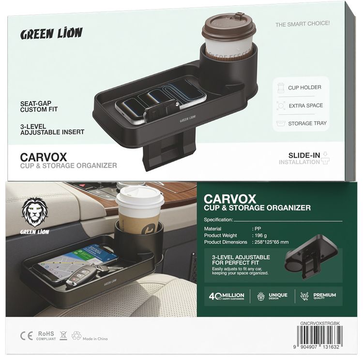 Green Lion Carvox Cup & Storage Organizer with 3-Level Adjustable Insert, Seat-Gap Custom Fit, Cup Holder, Extra Space, Storage Tray, Compatible with Most Car Models, Slide-in Installation - Black