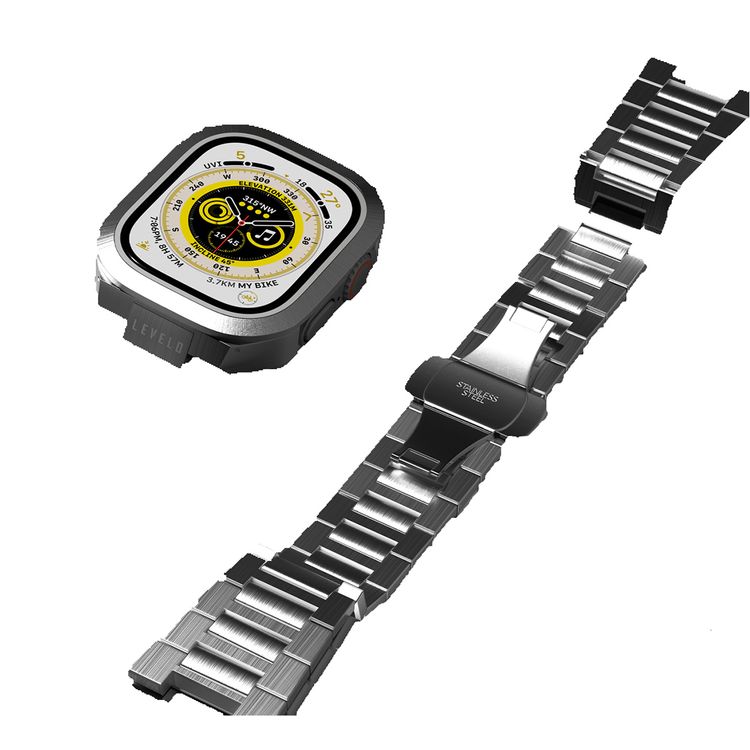 Levelo Royal Stainless Steel Strap & Case for Apple Watch 49mm, Butterfly Clasp, Adjustable Links, Quick & Convenient Removal - Silver