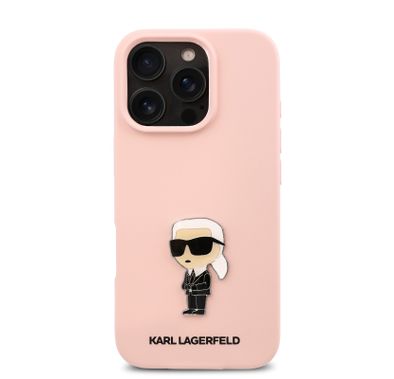 كفر حماية Karl Lagerfeld TPU سيليكون صلب مع شعار Ikonik لهاتف iPhone 16 Pro Max، مادة متينة، قبضة مريحة وآمنة، خفيف الوزن ونحيف - وردي
