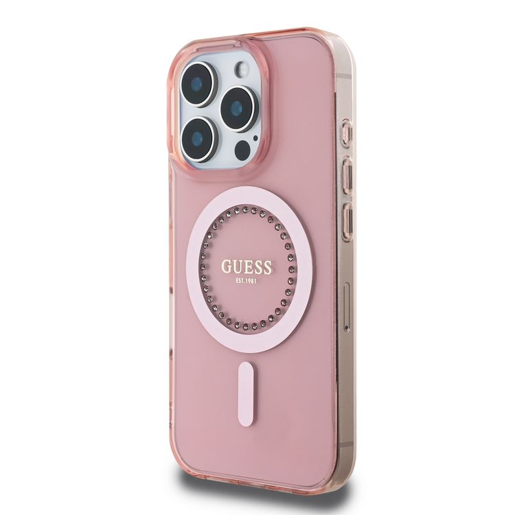 غطاء GUESS MagSafe IML صلب مع تصميم أحجار الراين لهاتف iPhone 16 Pro Max، سهل التركيب، حماية من السقوط، نحيف - وردي