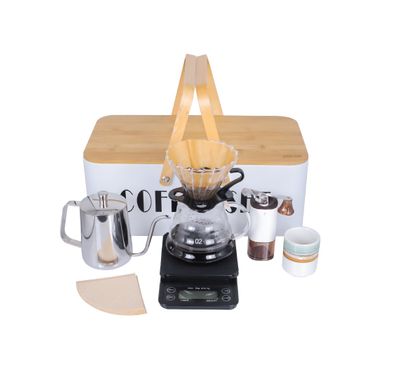 Green Lion G-70 600ml Black 8 in 1 Coffee Maker Set Metal Box with Wood Handle - White