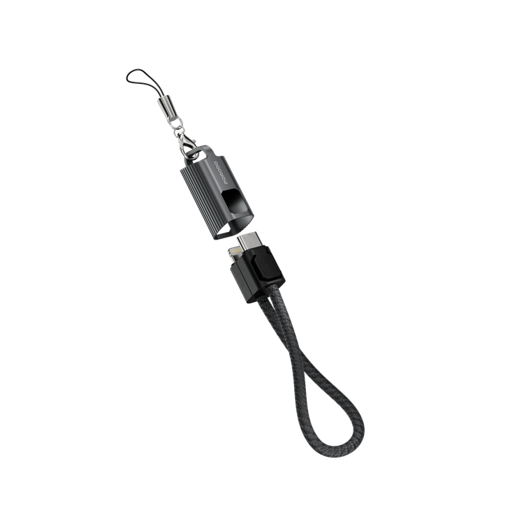 Porodo Chargeloop Keychain USB-C to Lightning Data Cable with 30W PD Output, 480Mbps Data Transfer Rate, 20cm Cable Length, Durable Zinc Alloy & Nylon Braided Material, High-Speed Charging, Compact Design - Black