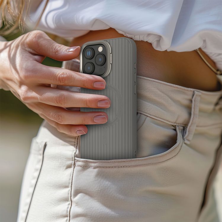 Levelo Livia Case for iPhone 16 Pro with MagSafe Compatibility, Impact-Resistant Corners, Built-in Kickstand, TPU with Silicone Surface, Metal Camera Ring - Gray