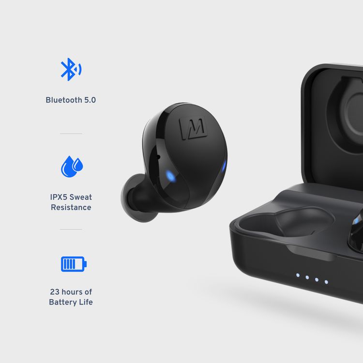 سماعات MEE Audio X10 اللاسلكية الحقيقية مع تصميم مريح، وأحجام مختلفة من أطراف السيليكون، ودعم للمساعد الصوتي، وميكروفون مدمج متعدد الاتجاهات، وعمر بطارية يصل إلى 23 ساعة مع علبة الشحن، ووقت شحن ساعتين - باللون الأسود.