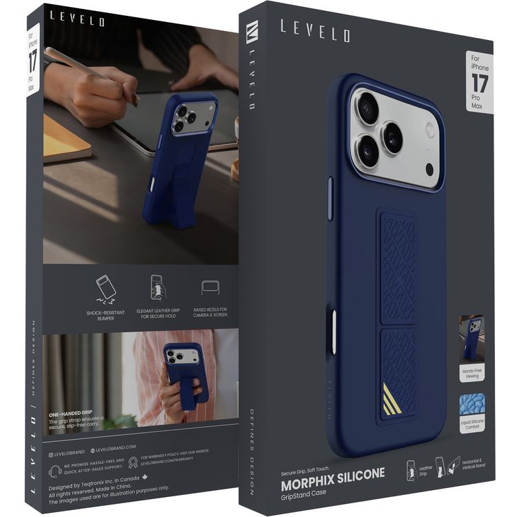 غطاء Levelo Morphix من السيليكون لهاتف iPhone 17 Pro Max، بمسند للعرض بدون استخدام اليدين، وبطانة داخلية من الألياف الدقيقة الأصلية، ومسند أفقي وعمودي، وواقي صدمات، وحواف بارزة لحماية الكاميرا والشاشة، وتصميم رفيع - لون أزرق داكن.