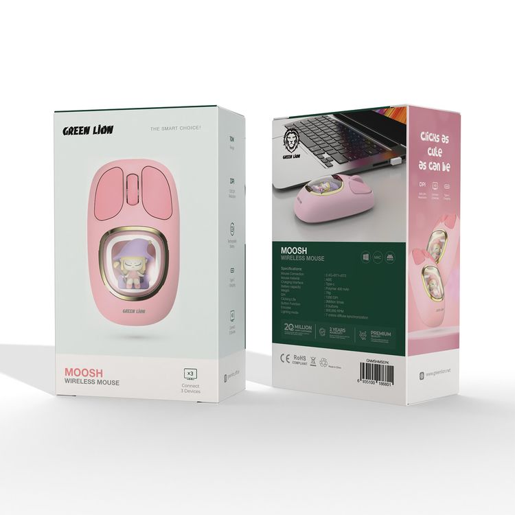 Green Lion Moosh Wireless Mouse with 7-Color Diffuse Lighting, Up to 3 Million Clicks, 3-Button Function, 400mAh Battery, 1200 DPI, Connects Up to 3 Devices, USB-C Charging Interface - Pink