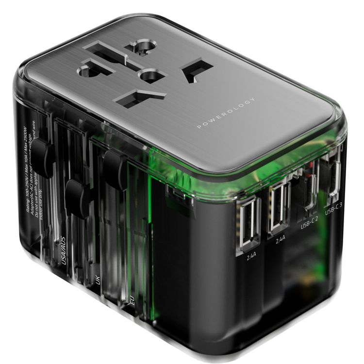 Powerology 65W PD Universal Multi-Port Travel Adapter with Triple USB-C Outputs, Universal Plugs, Combined Output Mode, Lightweight & Portable, Travel Friendly - Transparent / Gray 