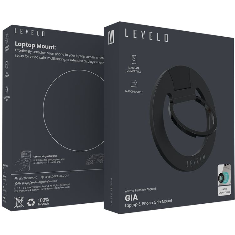 Levelo Gia Magsafe Phone Ring Holder & Mount with Full Rotation 360°, Non-Slip Surface, Comfortable Grip, Strong Magnetic Force, Laptop Mount, MagSafe Compatible - Black