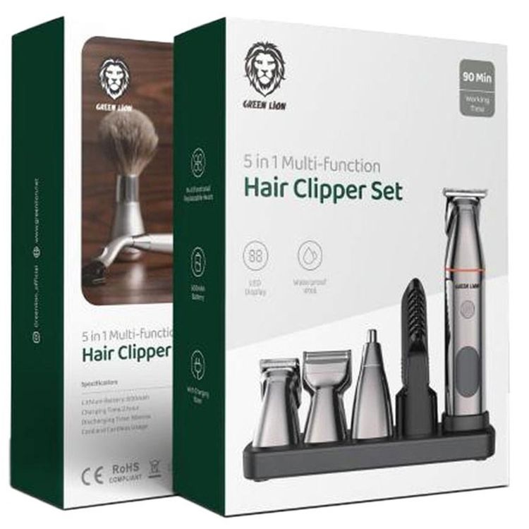 Green Lion 5-in-1 Multi-Function Hair Clipper Set with Multifunctional Replaceable Heads, LED Display, Cord and Cordless Functionality, 90 Minutes Working Time, Waterproof - Black