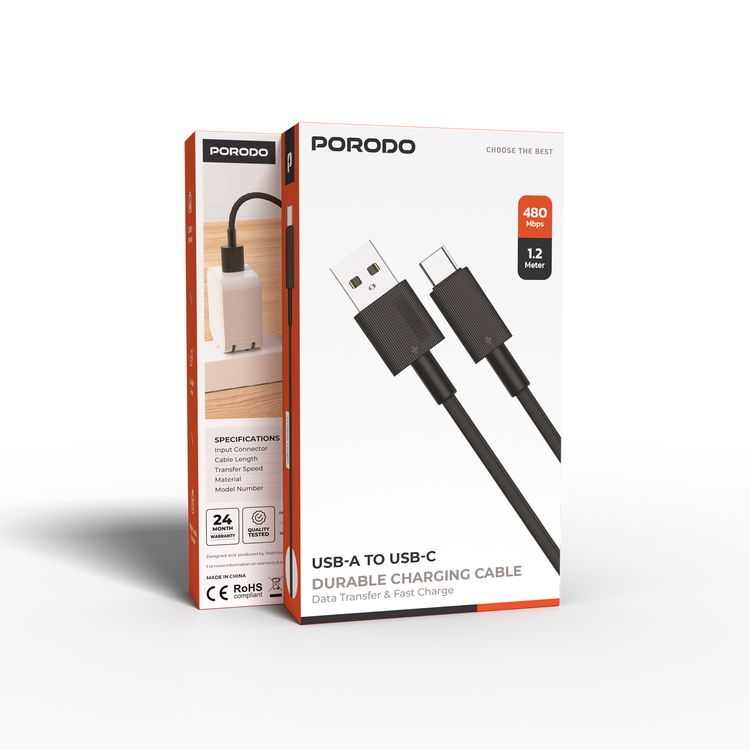 Porodo USB-A to USB-C PVC Cable, 480Mbps Transfer Speed, more than 15000 Bends Life Span, 1.2m Cable length, Tangle Free - Black 